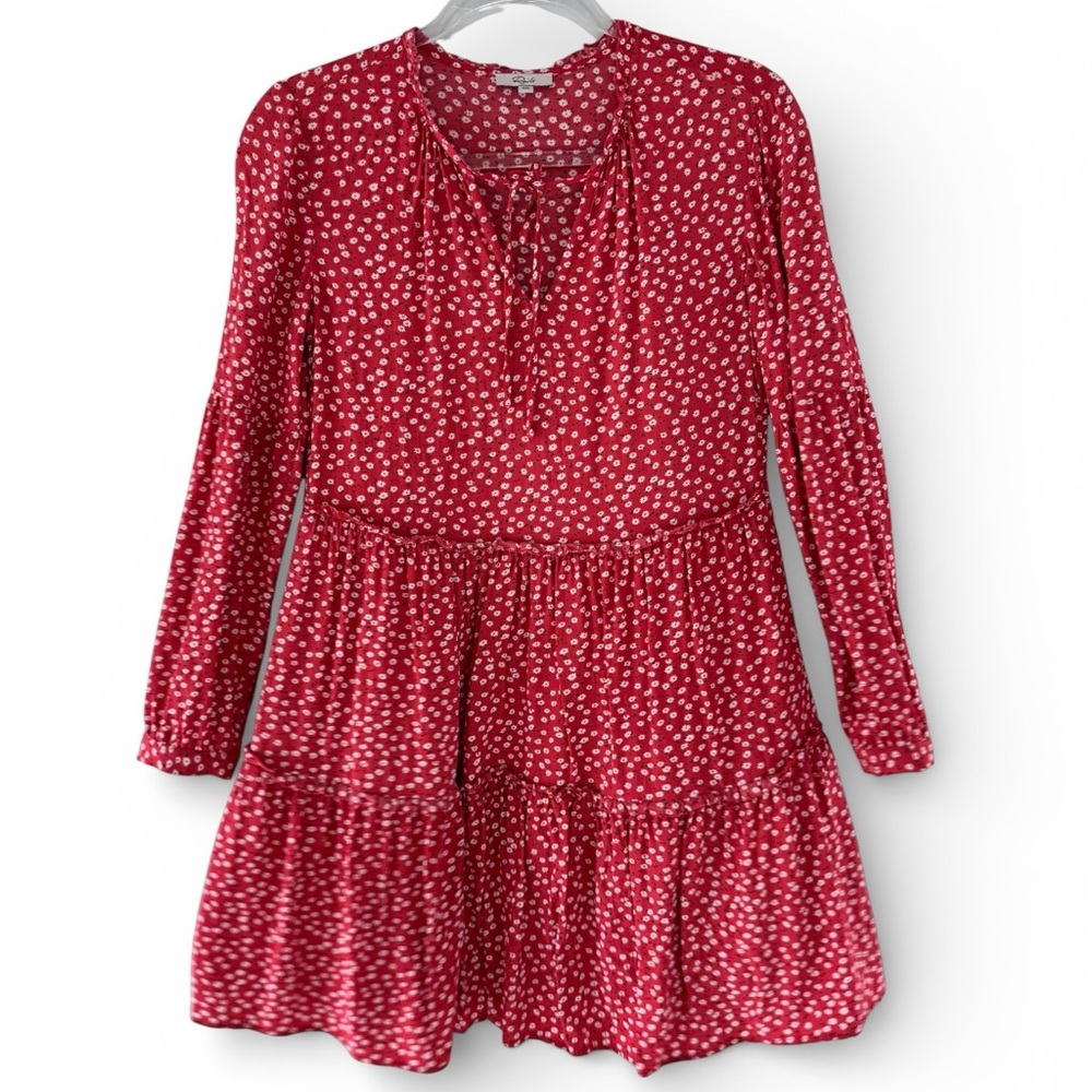 Rails Everly Carmine Daisies Mini Dress Red Floral Long Sleeve Size XXS